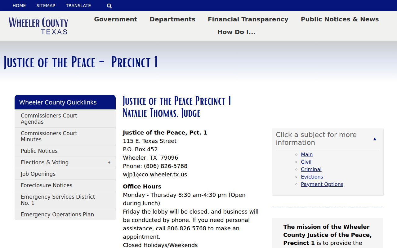 Wheeler County bench warrant search: JP1 court and office hours