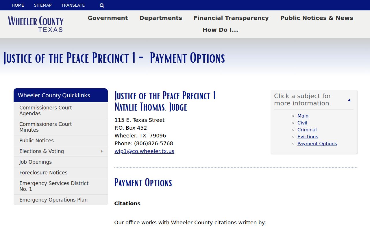 JP1 payment options page for Wheeler County cases