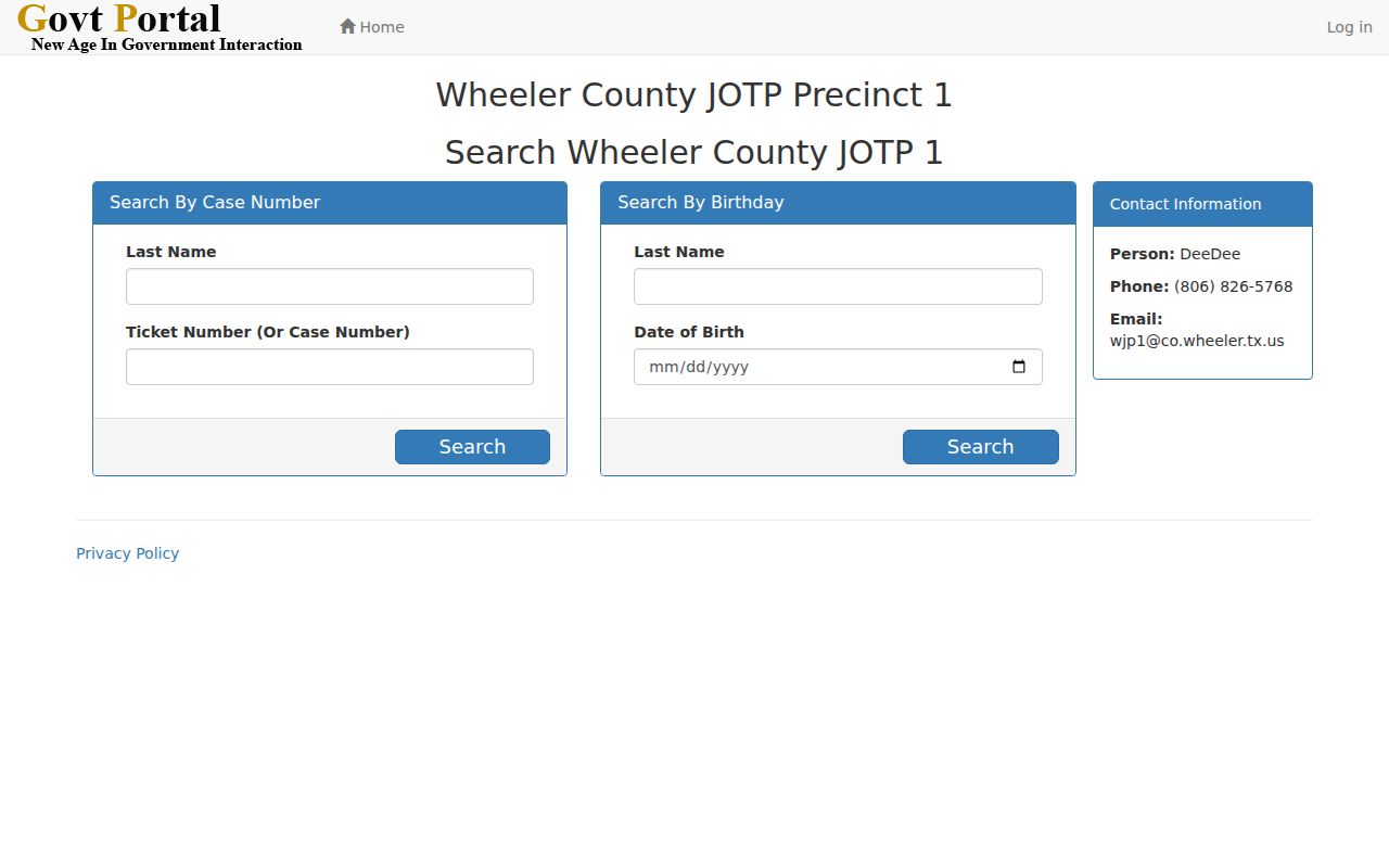 Wheeler County active warrant records: JP1 case and ticket search fields
