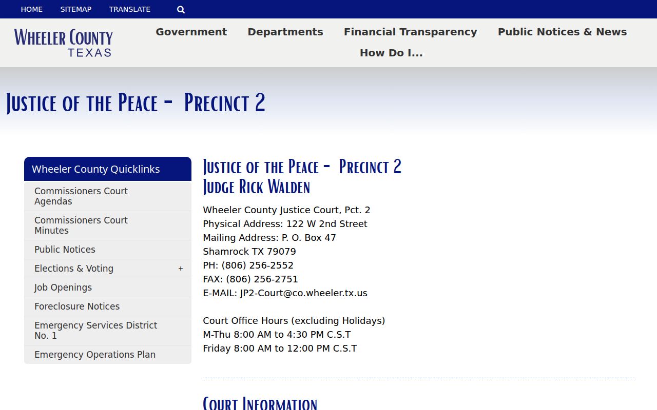 Wheeler County bench warrant search: JP2 court contact in Shamrock