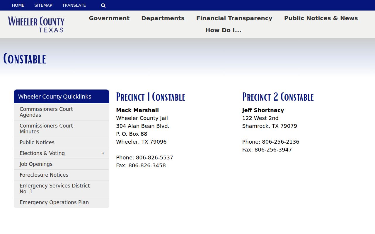 Wheeler County bench warrant search: county constable contact blocks