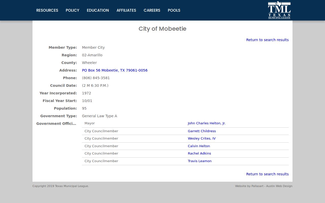 Municipal directory profile for Mobeetie, Texas