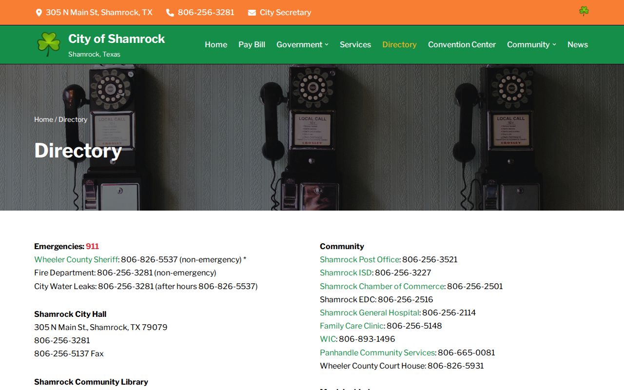 Shamrock city directory listing municipal and city contacts