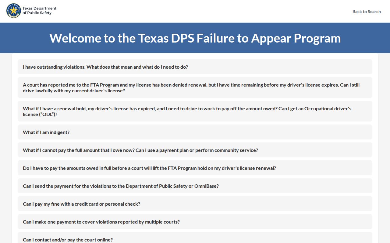 Texas FTA help instructions for contacting the court that reported a license hold