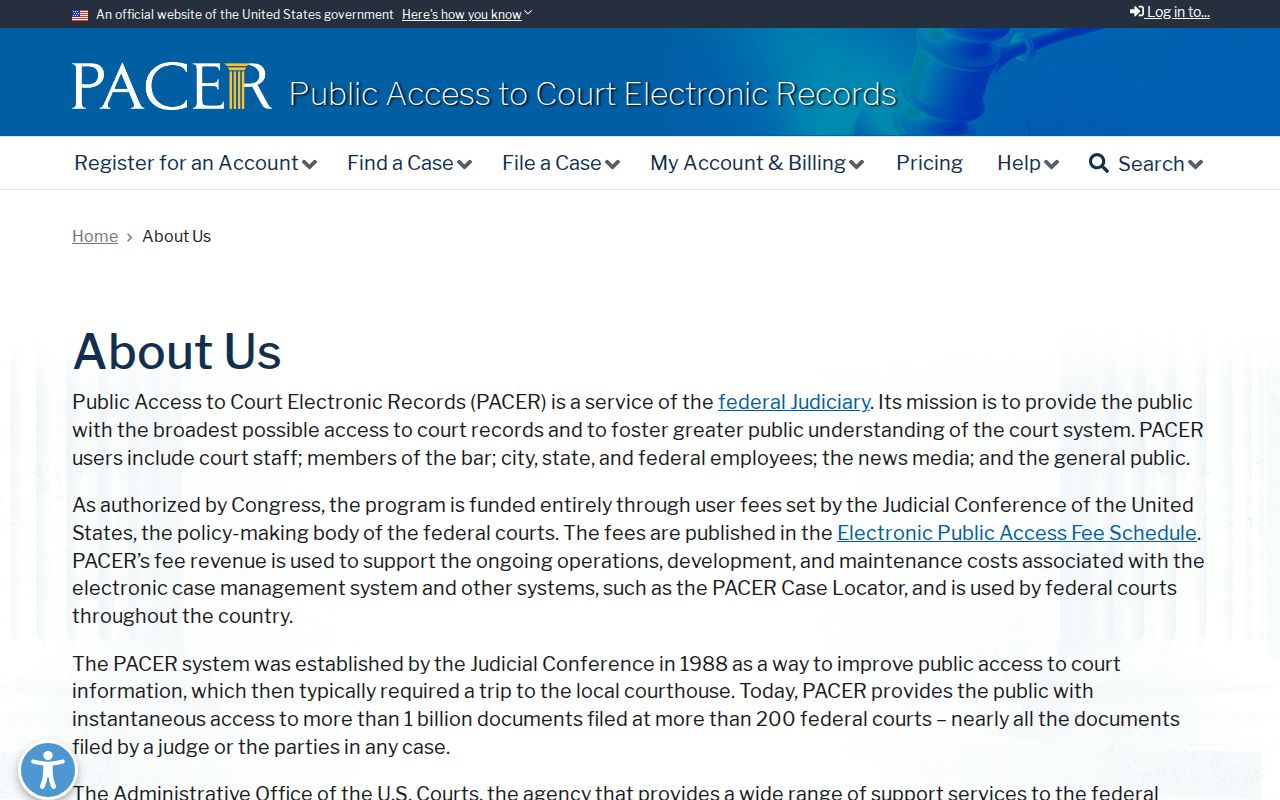 PACER explanation of federal court docket access
