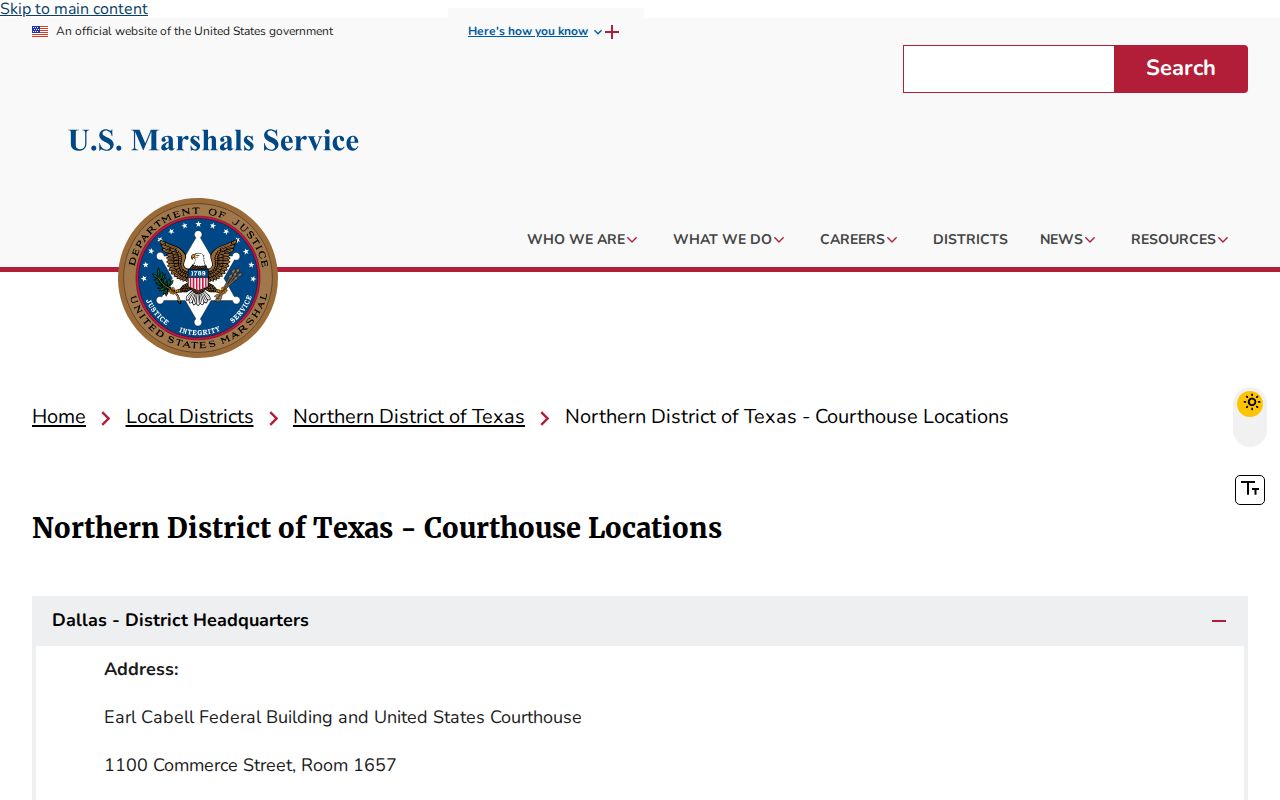 U.S. Marshals Northern District of Texas courthouse locations