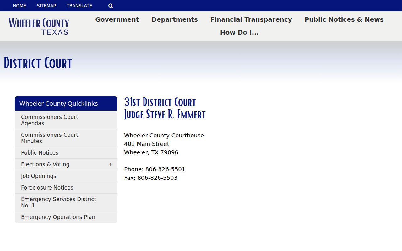 Wheeler County arrest warrant search: 31st District Court contact page