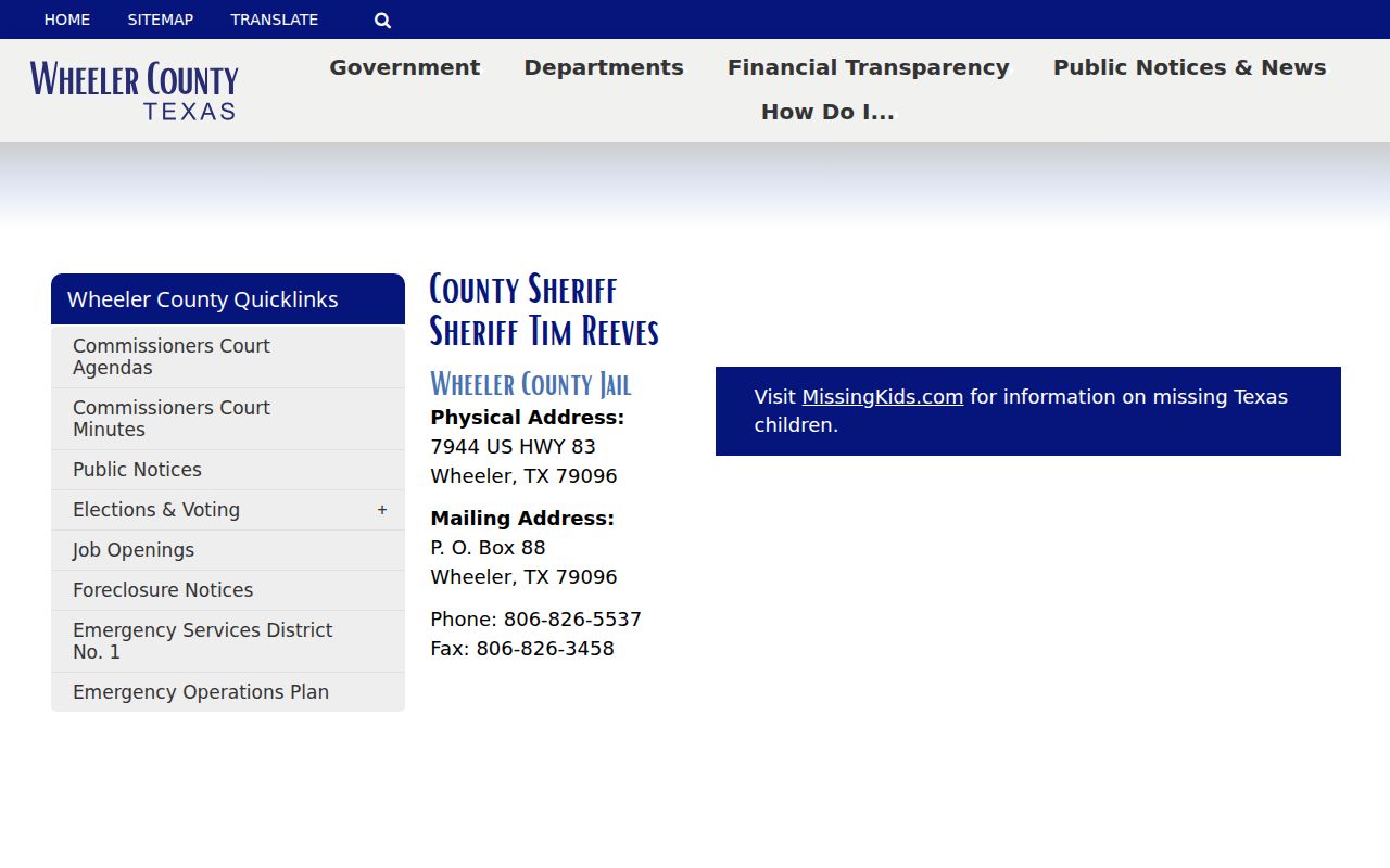 Wheeler County Sheriff contact information for Mobeetie residents